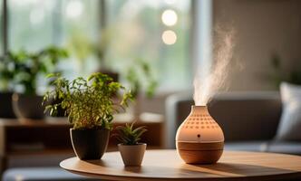 ai generiert ein Aromatherapie Diffusor mit ein Pflanze ist einstellen oben auf ein Tabelle mit ein Glas Schüssel foto