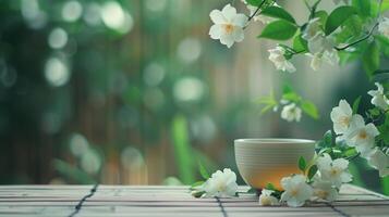 ai generiert schön minimalistisch Hintergrund mit ein Tasse von Jasmin Tee Stehen auf ein hölzern Tabelle foto