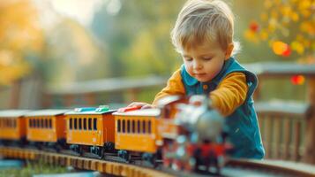 ai generiert wenig Junge spielen mit ein Zug auf das Kinder- Eisenbahn groß Copyspace Bereich foto