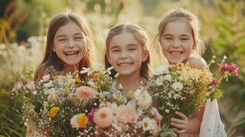 ai generiert drei jung Mädchen Lachen und aussehen beim das Kamera. jeder von Sie hält ein groß Strauß von Blumen im ihr Hände foto
