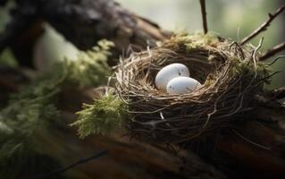 ai generiert Weiß Vogel Ei Nest auf ein Log foto