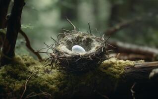 ai generiert Weiß Vogel Ei Nest auf ein Log foto