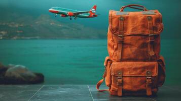 ai generiert Welt Tourismus Tag Rucksack mit ein Flugzeug auf ein farbig Hintergrund foto