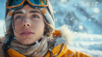 ai generiert ein Bild von ein jung Mädchen von Sportbekleidung gleiten auf ein Snowboard Über ein schneebedeckt Berg Hintergrund. Winter Sport, Aktion, Bewegung, Hobby, Freizeit Aktivität. Banner. Kopieren Raum. foto