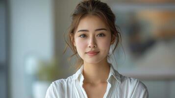 ai generiert ein asiatisch Frau im Büro Kleidung, lächelnd und suchen zuversichtlich, Stehen gegen ein Weiß Hintergrund foto
