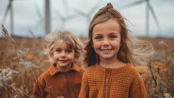 ai generiert Kinder spielen mit das Wind in der Nähe von ein Wind Turbine. nachhaltig Klima Visualisierungen. Kinder Laufen im Vorderseite von Windmühlen. verlängerbar Energie Quellen. foto