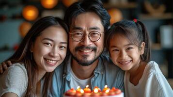 ai generiert feiern Opas Geburtstag beim Zuhause wie ein Familie von drei Generationen von Asien foto