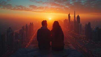 ai generiert Aussicht von Dubais Stadt Horizont während Sonnenaufgang durch ein Paar auf Ferien im das VAE foto