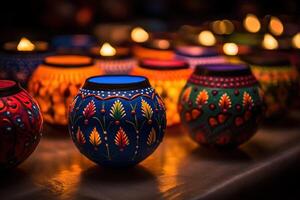 ai generiert glücklich Diwali - - Lehm Diya Lampen zündete während Diwali foto