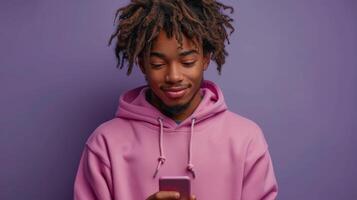 ai generiert jung glücklich cool lockig afrikanisch amerikanisch Teen Kerl tragen Rosa Kapuzenpullover halten Zelle Telefon und mit Handy, Mobiltelefon Digital Apps auf Handy Technologie. isoliert auf ein lila Hintergrund. foto