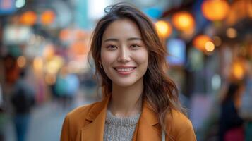 ai generiert Stehen auf das Straße im ein groß Stadt mit Software Anwendungen auf ein Digital Tablette Computer, jung asiatisch Geschäft Frau lächelt. foto