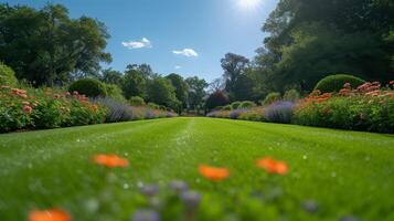 ai generiert Englisch Stil Landschaft Garten im Sommer- mit ein Grün mähen Rasen, belaubt Bäume, und bunt Blume Bett foto