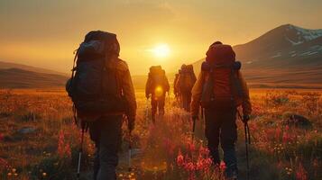 ai generiert altai Berge, Sibirien, Russland. sportlich Menschen gehen im das Berge beim Sonnenuntergang mit Rucksäcke. foto