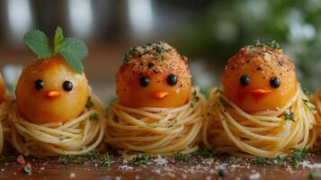 ai generiert Kinder Spaghetti mit Fleischklößchen. Verschachtelung Vögel foto