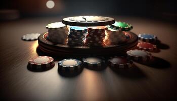 ai generiert Poker Chips.web Banner zum Spiel Design, Flyer, Poster, Banner, online Kasino Werbung. ai foto