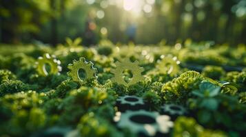 ai generiert Konzept zum nachhaltig Entwicklung auf Bildschirm mit Symbole von verlängerbar Energie, natürlich Ressourcen Erhaltung, und Umwelt Schutz, mit ein Geschäft Person im das Hintergrund. foto