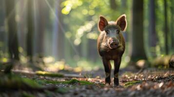 ai generiert wild Eber steht im das Wald und sieht aus beim das Kamera groß Copyspace Bereich foto