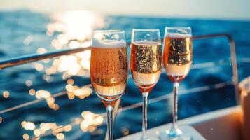 ai generiert ein anspruchsvoll Yacht Party, mit Brille von funkelnd Wein angehoben im Feier gegen ein Hintergrund von azurblau Gewässer. foto