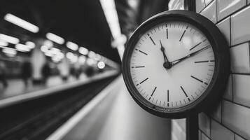 ai generiert ein schwarz und Weiß Foto von ein Eisenbahn Bahnhof Uhr