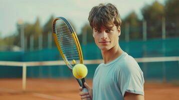 ai generiert ein jung gut aussehend männlich Tennis Spieler hält ein Tennis Schläger und ein Gelb Tennis Ball im seine Hände foto