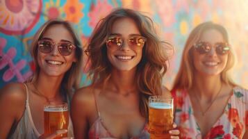 ai generiert sie ist genießen ein Bier Festival mit ihr freunde während Trinken Bier foto