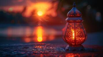 ai generiert dekorativ Arabisch Laterne mit Verbrennung Kerze, festlich Gruß Karte, Einladung zum das Muslim heilig Monat von Ramadan karem. foto