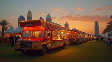 ai generiert ein draussen Veranstaltung mit Essen Lastwagen und Leben Musik, das Essen LKW Marmelade dauerte Platz beim das Emirate Golf Verein auf März 26, 2016. foto