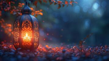 ai generiert einladend Muslim heilig Monat Ramadan kareem mit dekorativ Arabisch Laterne und Verbrennung Kerze. foto