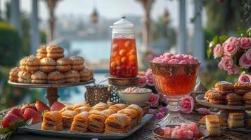 ai generiert traditionell Arabisch iftar Mahlzeit mit Termine, Baklava, Frucht, arabisch Tee, und Rose Sorbett Getränk während Ramadan foto