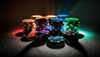 ai generiert Poker Chips.web Banner zum Spiel Design, Flyer, Poster, Banner, online Kasino Werbung. ai foto