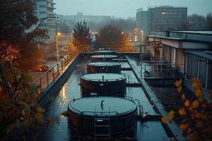 ai generiert ein Wasser Behandlung Einrichtung auf ein nebelig Herbst Morgen, mit Orange Laub und Stadt Beleuchtung im das Hintergrund. foto