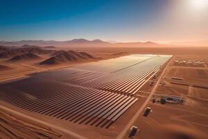 ai generiert das Sonne erhebt sich, Gießen ein golden glühen Über ein umfangreich Array von Solar- Paneele inmitten ein Wüste Landschaft. foto