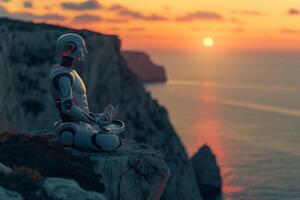 ai generiert Meditation Konzept, ein einsam Roboter sitzt auf ein Cliff Rand, Blick beim ein atemberaubend Sonnenuntergang Über das Ozean, ein Moment von Frieden zwischen Technologie und Natur. foto