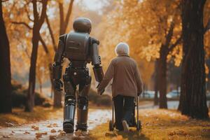 ai generiert ein sanft Roboter hält Hände mit ein Alten Person, Bereitstellung Hilfe während ein gehen im ein Park mit golden Herbst Blätter. foto