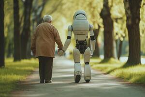 ai generiert ein sanft Roboter hält Hände mit ein Alten Person, Bereitstellung Hilfe während ein gehen im ein Park mit golden Herbst Blätter. foto