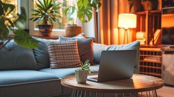 ai generiert ein Zuhause Büro Winkel herzlich zündete durch ein Tabelle Lampe, mit ein Laptop bereit zum verwenden auf ein hölzern runden Tisch, flankiert durch komfortabel Kissen und Innen- Grün. foto