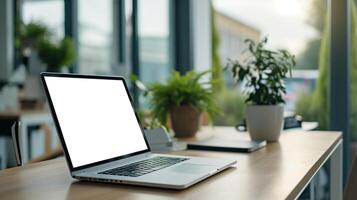 ai generiert öffnen Laptop mit ein Weiß leer Bildschirm auf ein hölzern Schreibtisch, umgeben durch Zimmerpflanzen, im ein hell sonnendurchflutet Zimmer. foto