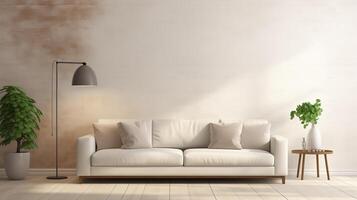 ai generiert gemütlich minimalistisch Leben Zimmer mit ein Weiß Sofa, Grün eingetopft Pflanzen, und ein glatt Fußboden Lampe, gebadet im natürlich Sonnenlicht. foto