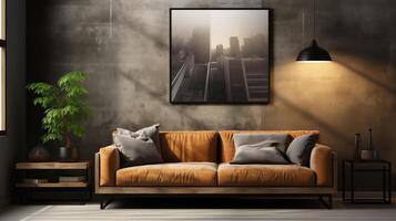 ai generiert schick Leben Zimmer Innere präsentieren ein Karamell Leder Sofa, üppig Zimmerpflanze, städtisch Stadtbild Mauer Kunst, und Umgebungs Beleuchtung. foto