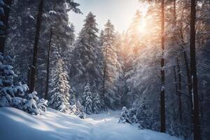 ai generiert majestätisch Sonnenaufgang im das Winter Berge Landschaft foto