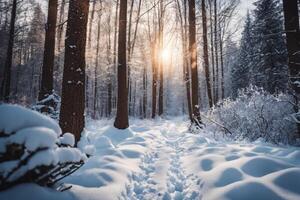 ai generiert majestätisch Sonnenaufgang im das Winter Berge Landschaft foto