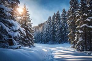 ai generiert majestätisch Sonnenaufgang im das Winter Berge Landschaft foto