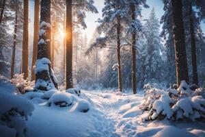 ai generiert majestätisch Sonnenaufgang im das Winter Berge Landschaft foto