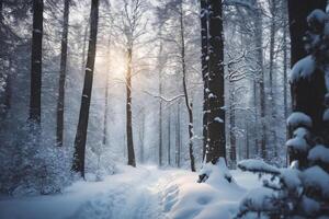 ai generiert majestätisch Sonnenaufgang im das Winter Berge Landschaft foto