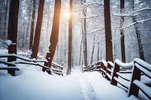 ai generiert majestätisch Sonnenaufgang im das Winter Berge Landschaft foto