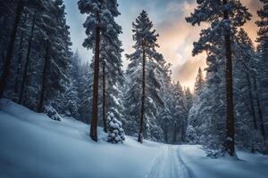 ai generiert majestätisch Sonnenaufgang im das Winter Berge Landschaft foto