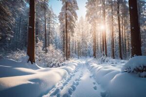 ai generiert majestätisch Sonnenaufgang im das Winter Berge Landschaft foto