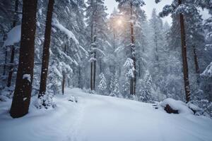 ai generiert majestätisch Sonnenaufgang im das Winter Berge Landschaft foto