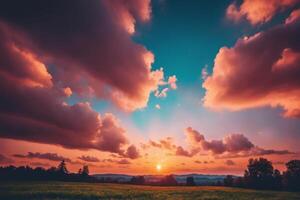 ai generiert monochromatisch Hintergrund, Sonnenuntergang Über das bewaldet Berg Landschaft foto