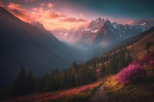ai generiert monochromatisch Hintergrund, Sonnenuntergang Über das bewaldet Berg Landschaft foto